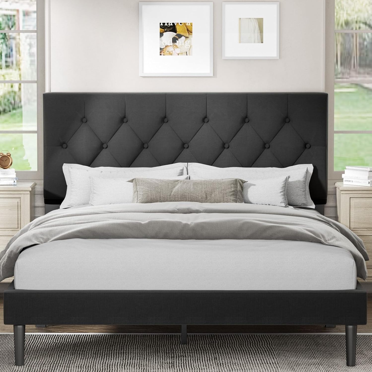 Full Size Platform Bed Frame with Upholstered Headboard, Button Tufted Design, N...