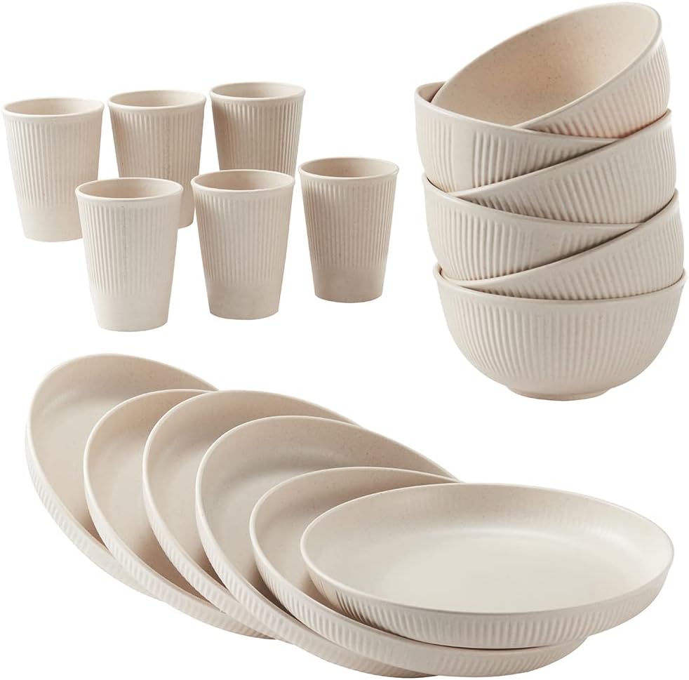 18pcs Wheat Straw Dinnerware Sets HXYPN Unbreakable Reusable Dinnerware Set Kitc...