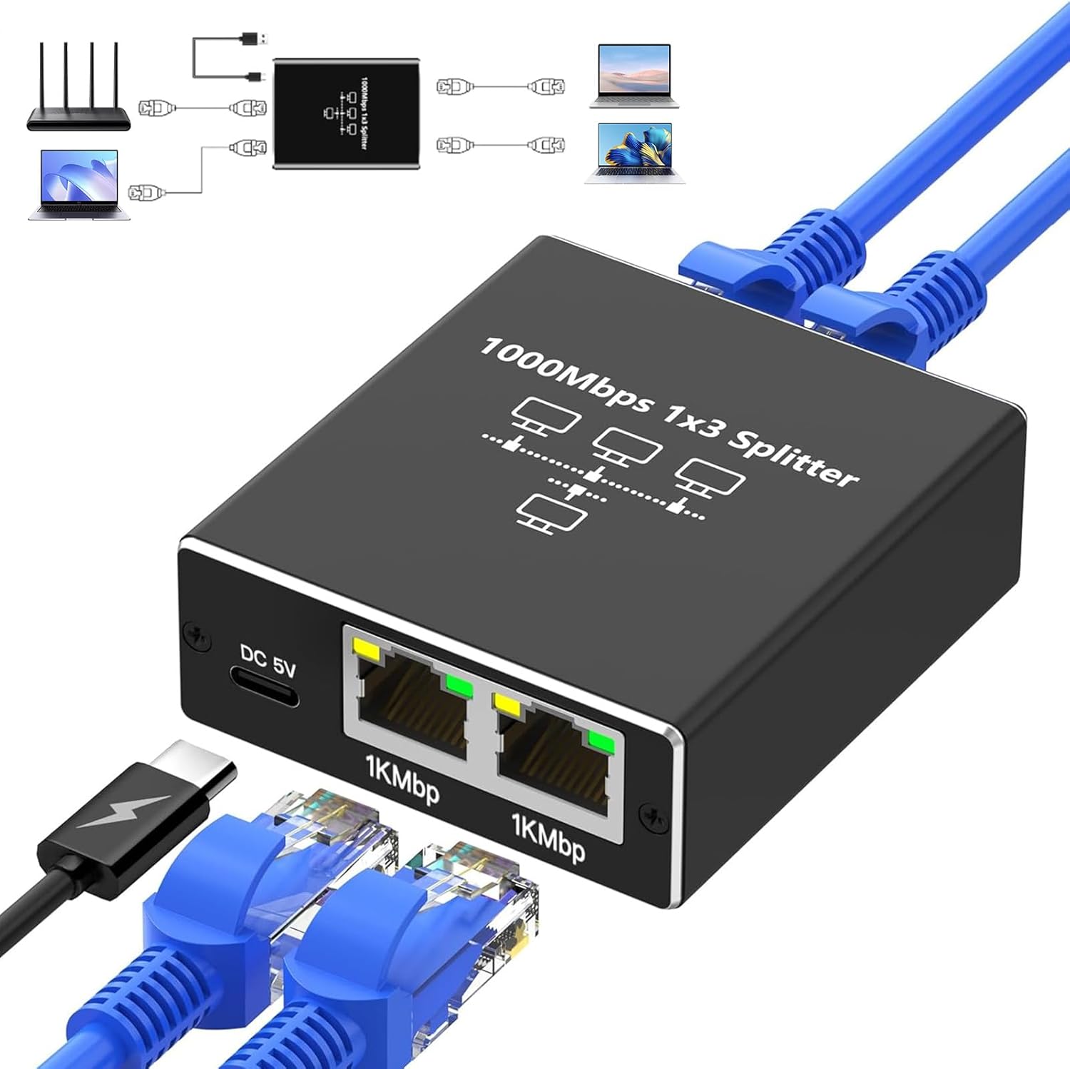 Loydia Ethernet Splitter 1 to 3, Gigabit Ethernet Switch, 1000Mbps RJ45 Network...