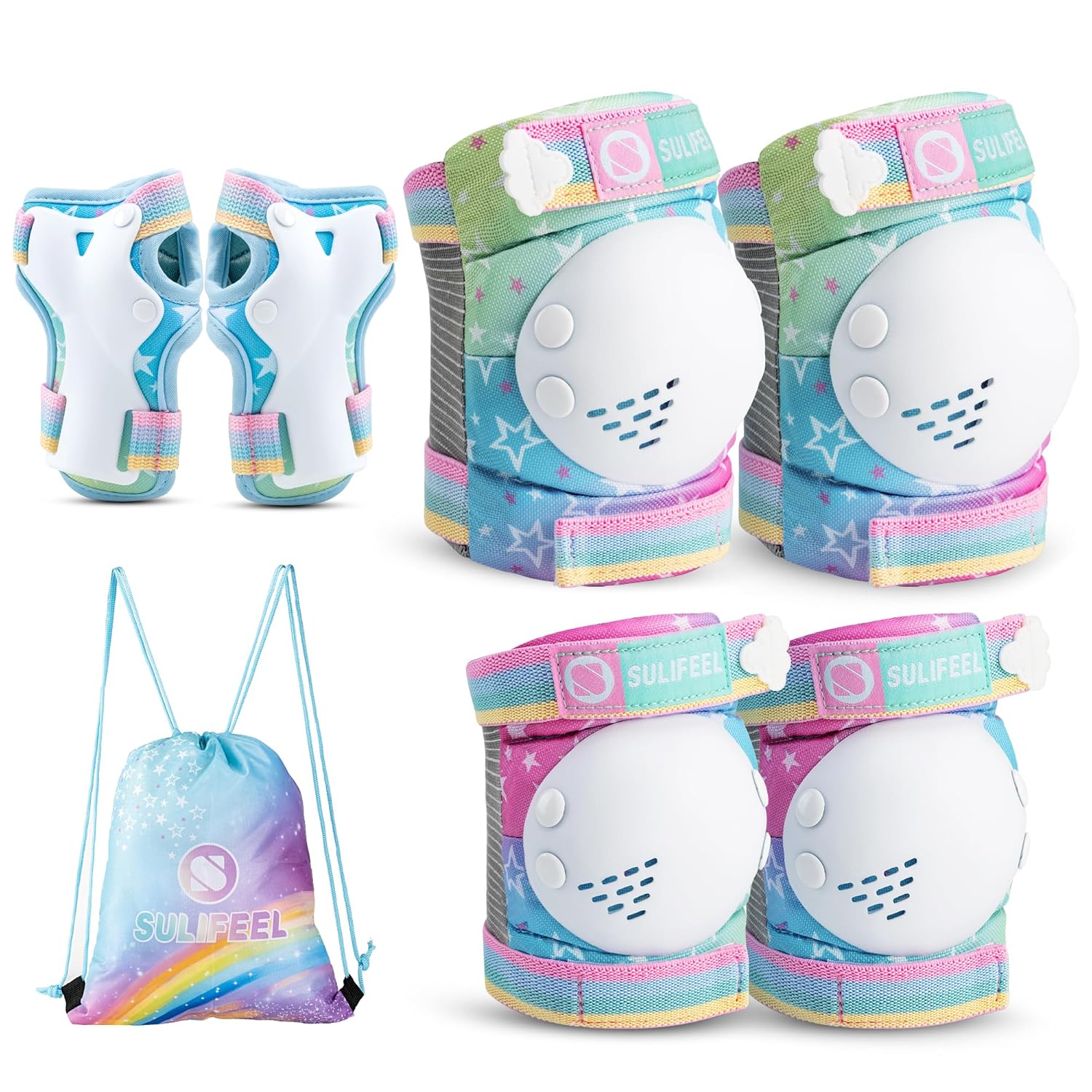 SULIFEEL Rainbow Unicorn Knee Pads for Kids Knee Elbow Pads Wrist Guards with Dr...