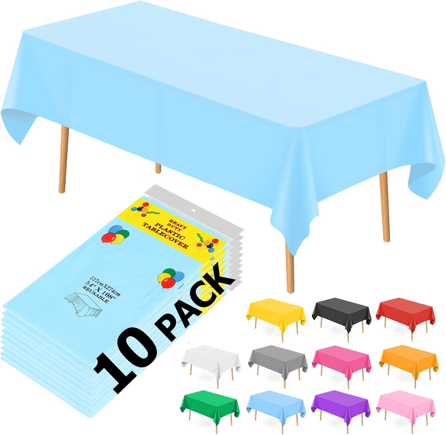 10 Pack Blue Plastic Tablecloths for Rectangle Tables, 54 x108 Inch Plastic Tabl...