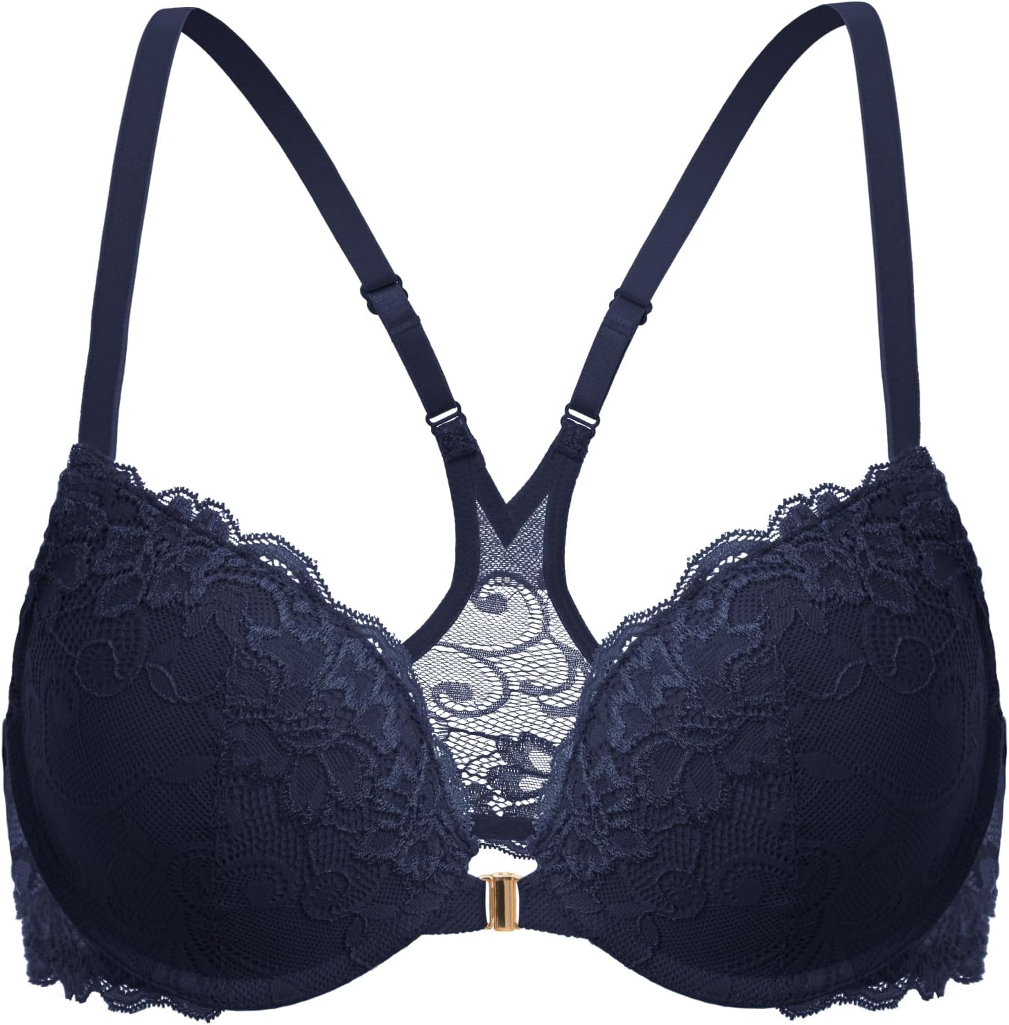 Deyllo Women's Front Closure Bras Push Up Lace Racer Back Underwire Padded Plung...