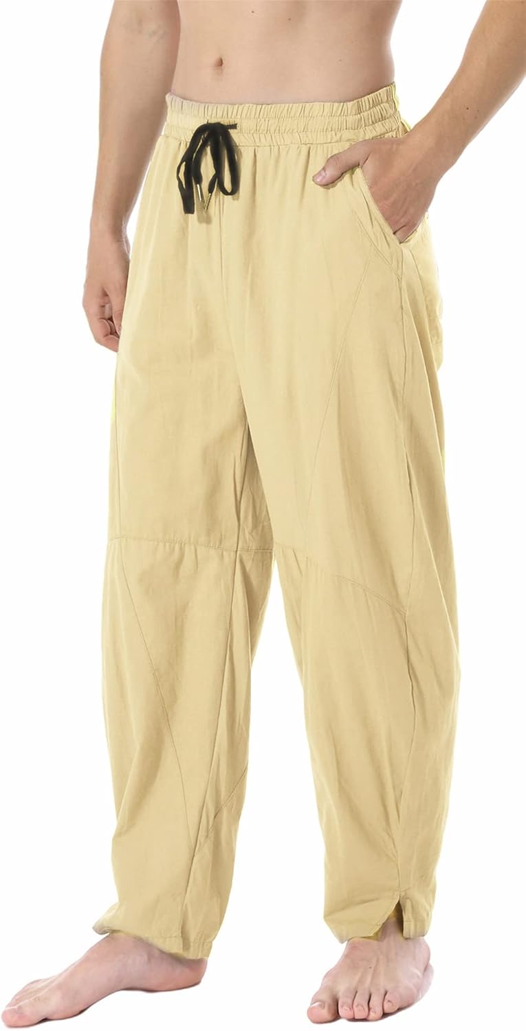 perdontoo Men's Linen Cotton Loose Fit Casual Lightweight Elastic Waist Summer B...