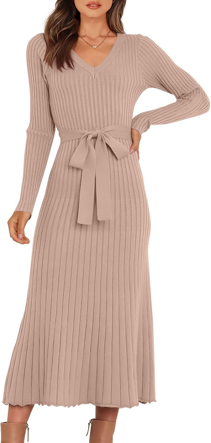 ANRABESS Women's Dress, Special Long Sleeve V Neck A-line Tie Waist Slim Fit Rib...