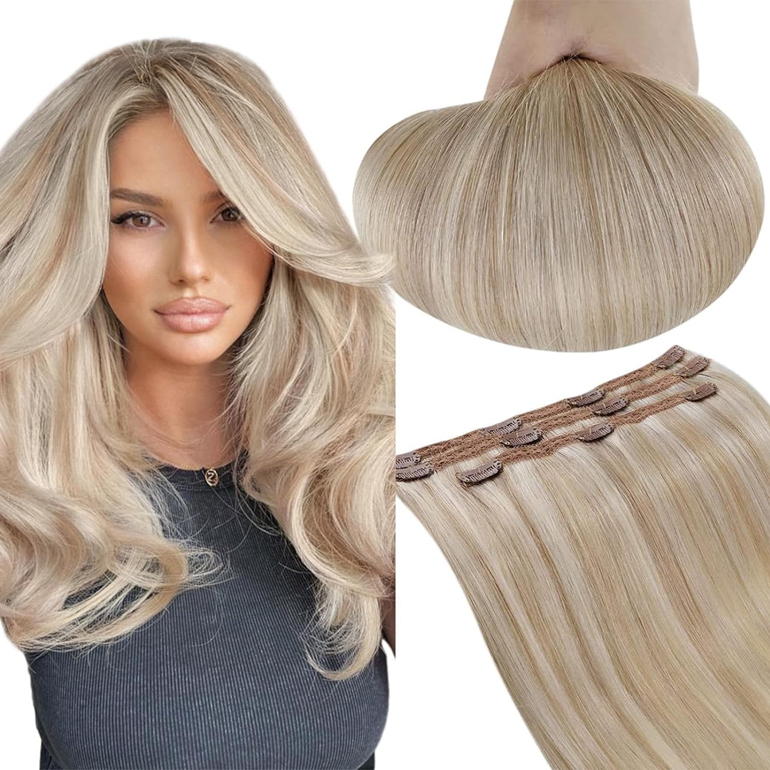 RUNATURE Real Human Hair Clip in Extensions Ash Blonde Mix Bleach Blonde Human H...