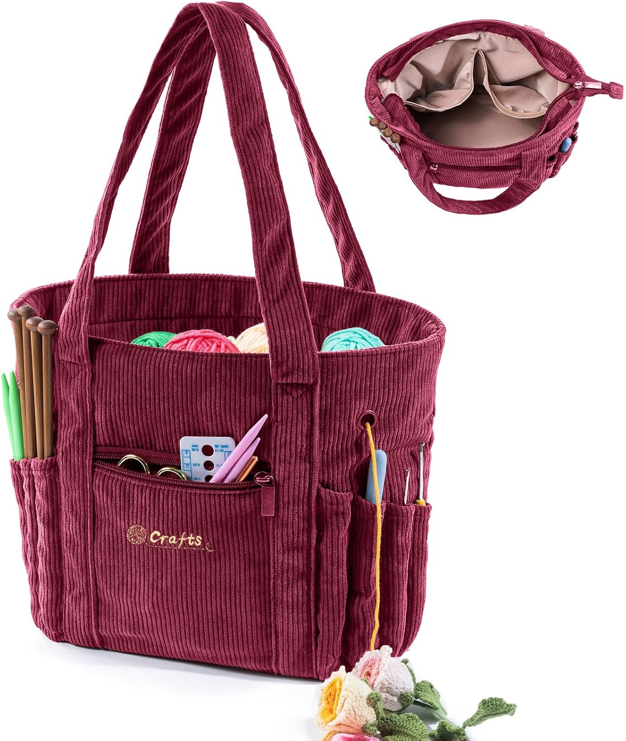 MYBAGZING Crochet Bag and Tote - Corduroy Yarn Bag - Yarn Holder for Crocheting...