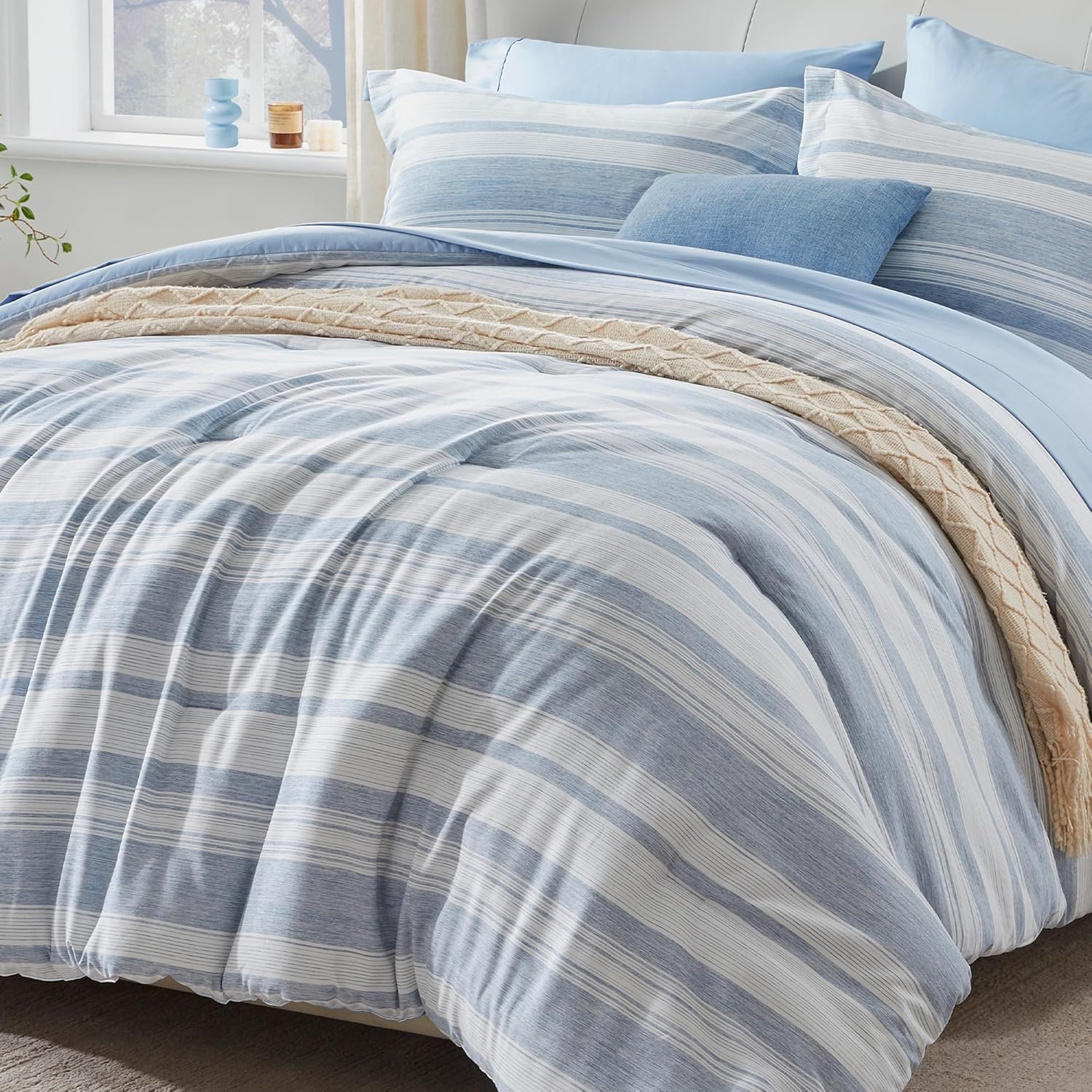 UNILIBRA Blue Queen Size Comforter Set, 7 Pieces Striped Bed in a Bag, Lightweig...