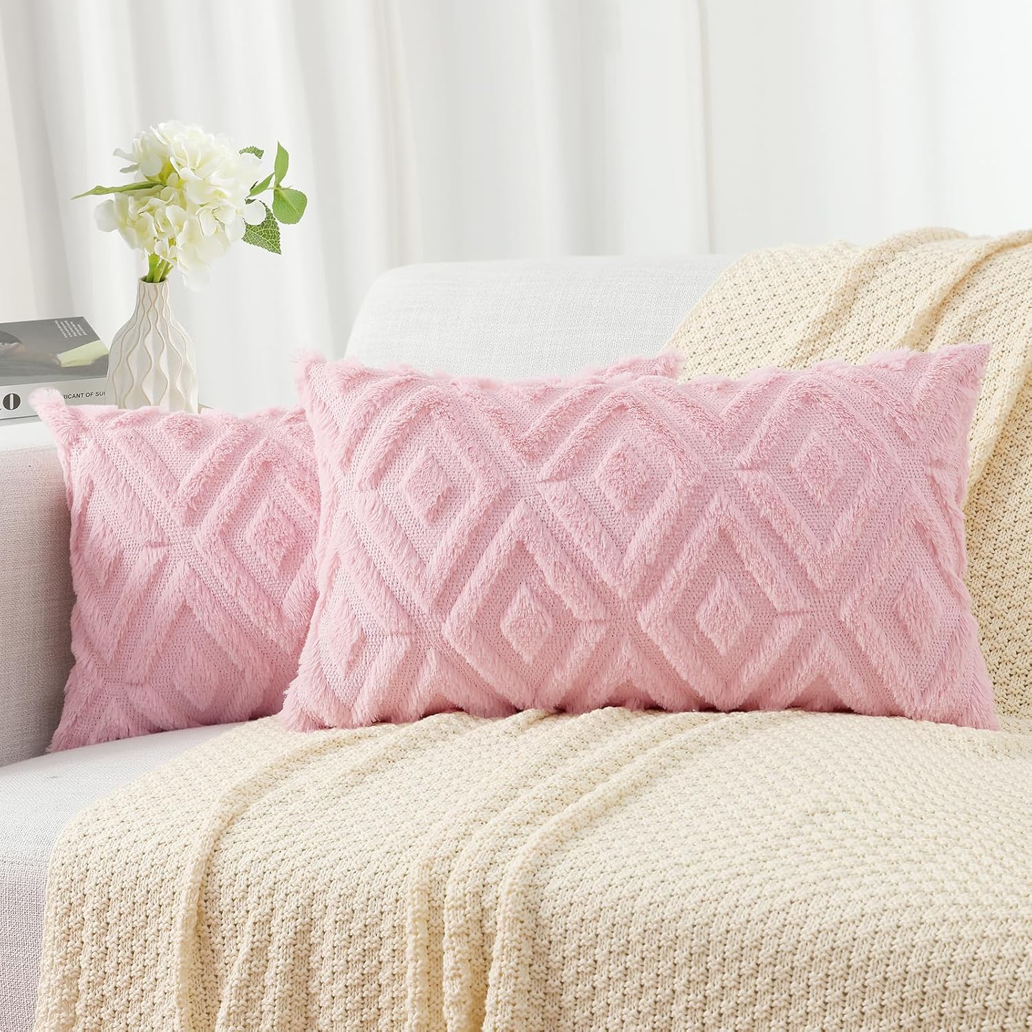 Pallene Soft Faux Fur Throw Pillow Covers 12x20 - Plush Short Wool Velvet Decora...