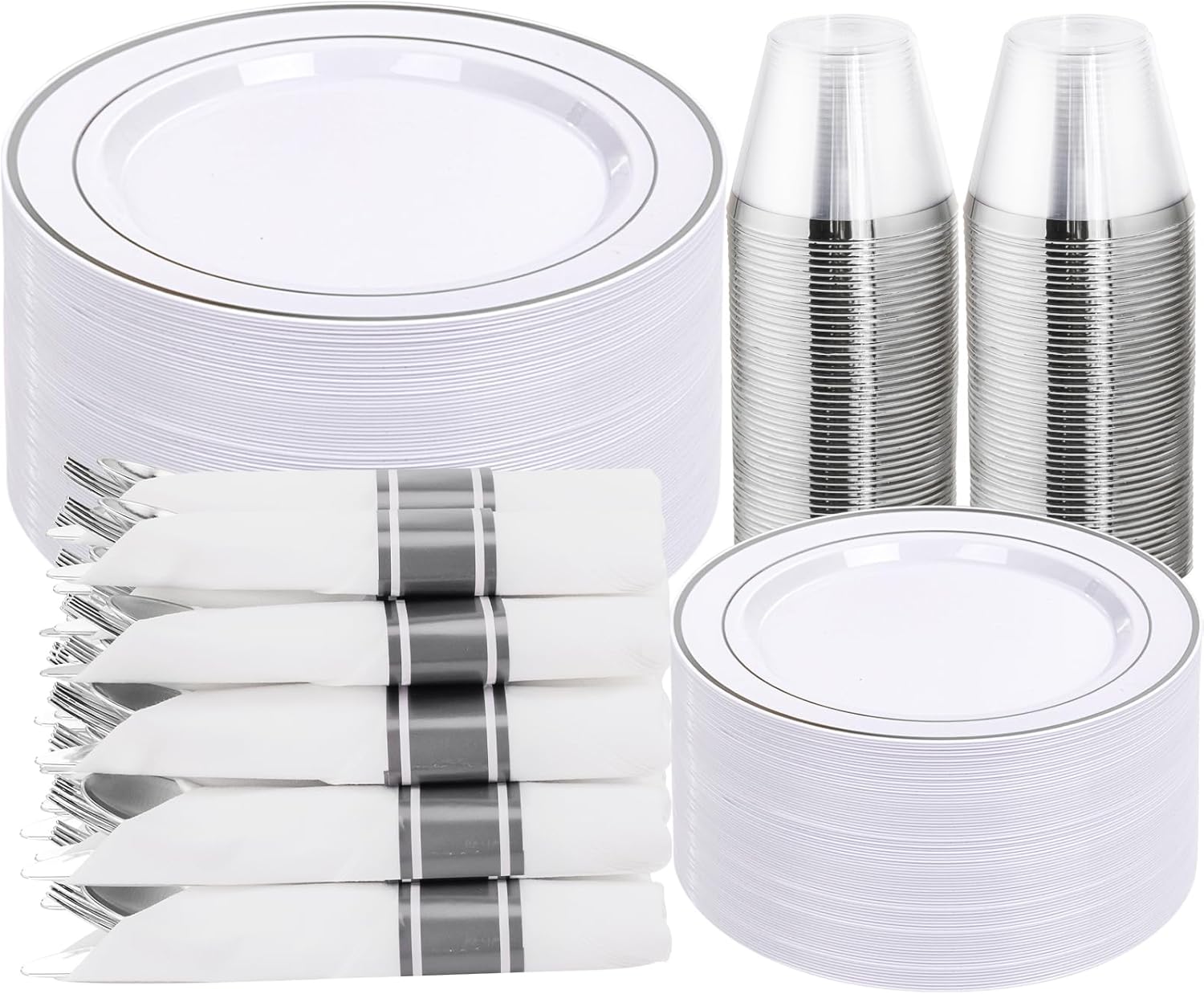 DaYammi 350PCS Silver Plastic Dinnerware Set for 50 Guests, Fancy Disposable Pla...