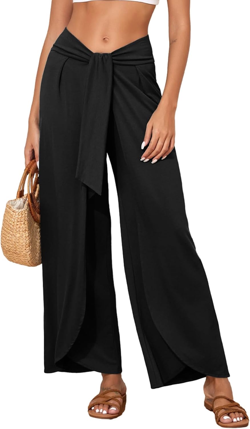 Herseas Womens Beach Pants Split Wide Leg Beach Cover Up Pants Palazzo Flowy Cas...