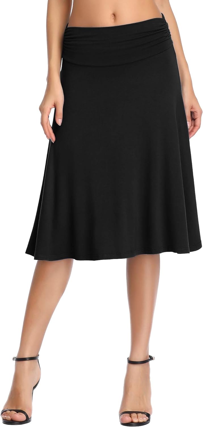 Urban CoCo Women's Ruched High Waist Knee Length Jersey A-Line Stretchy Flared C...