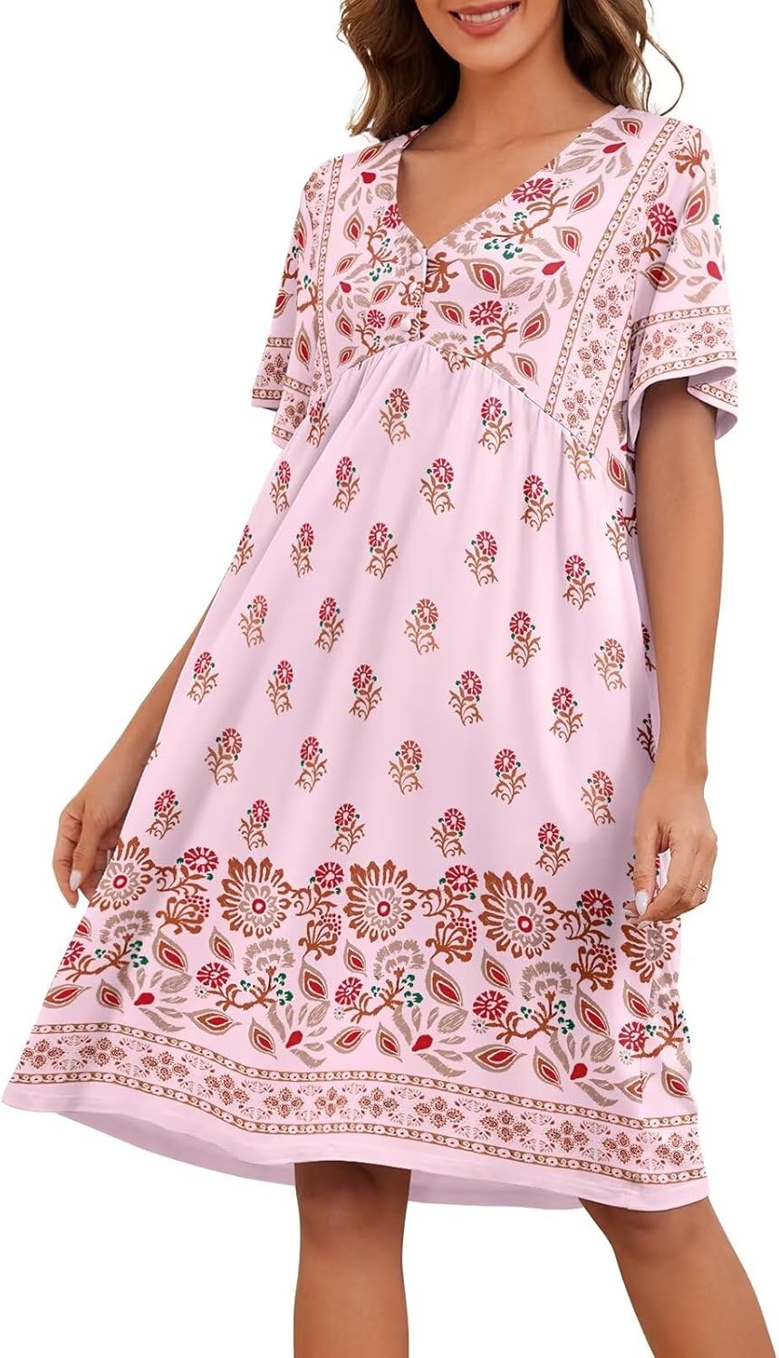 Womens House Dress Floral Print Nightgown with Pockets Mumu Dress S-3XL Light Pi...