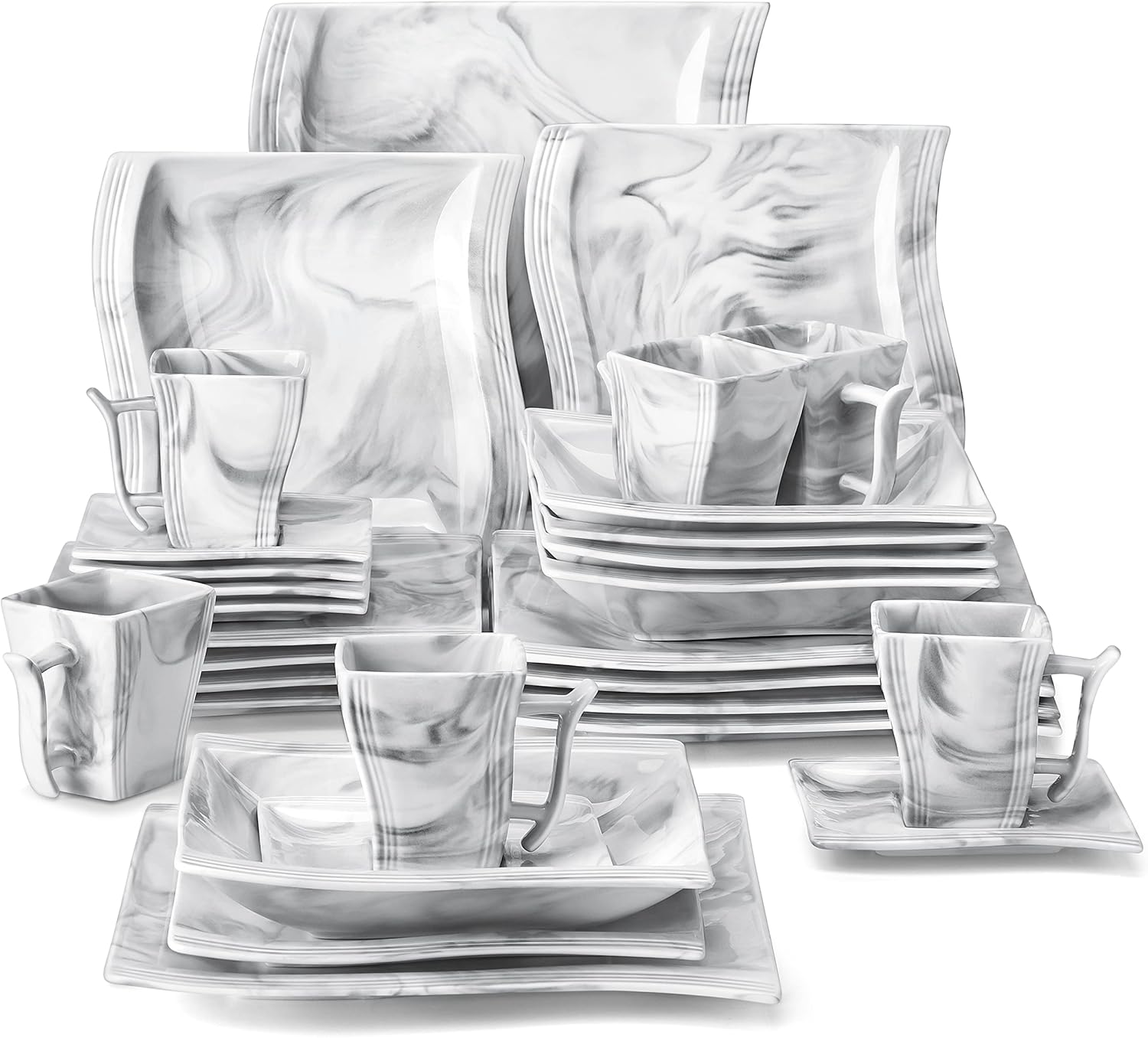 MALACASA Plates and Bowls Sets, 30 Piece Porcelain Dinnerware Sets for 6, Square...
