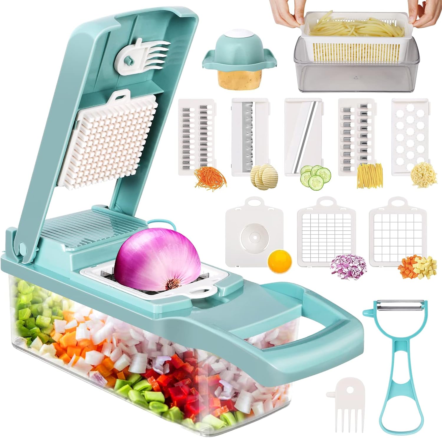 KMASHI 14 in 1 Vegetable Chopper, Multifunctional Mandoline Slicer Dicer Househo...