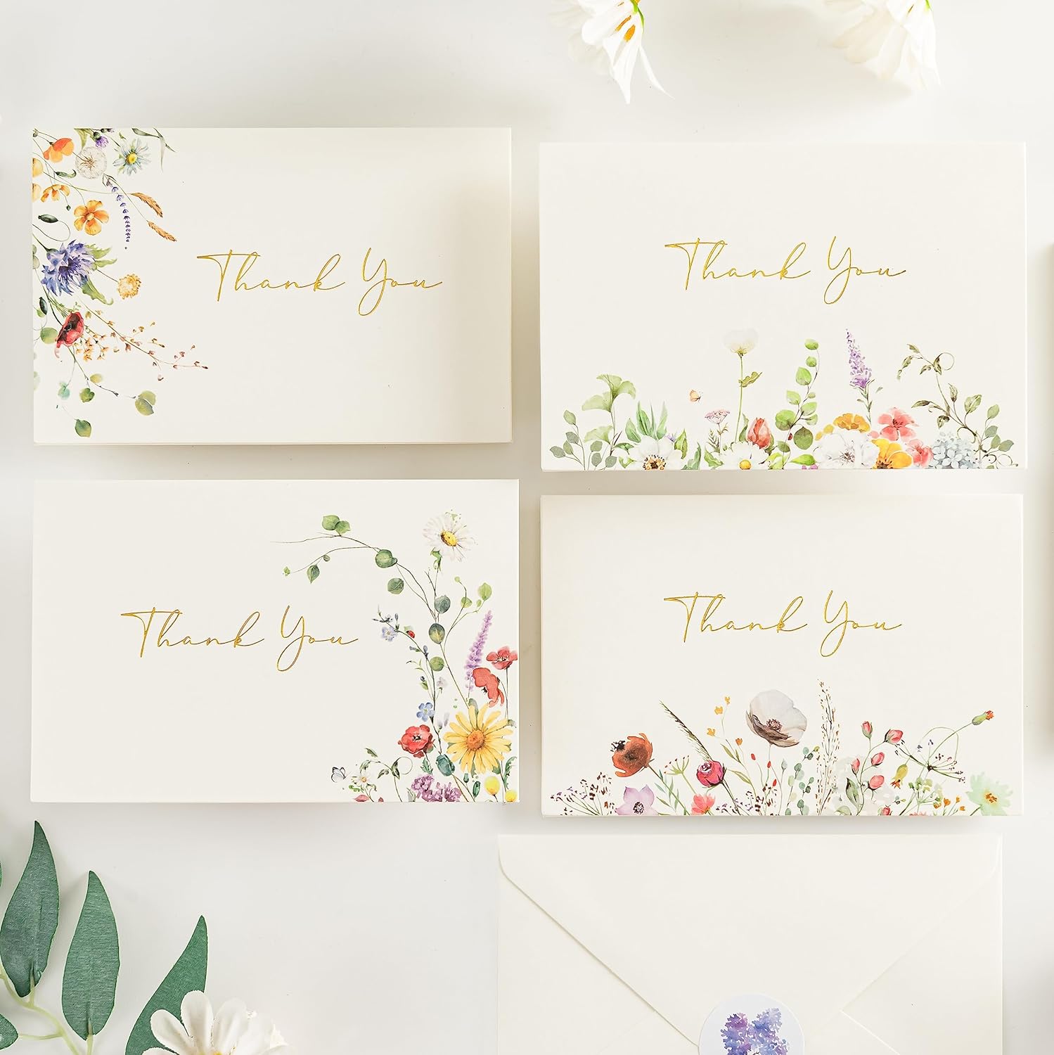 Crisky Thank You Cards 4 Assortment, Gold Foil Watercolor WildFlowers (50 Cards...