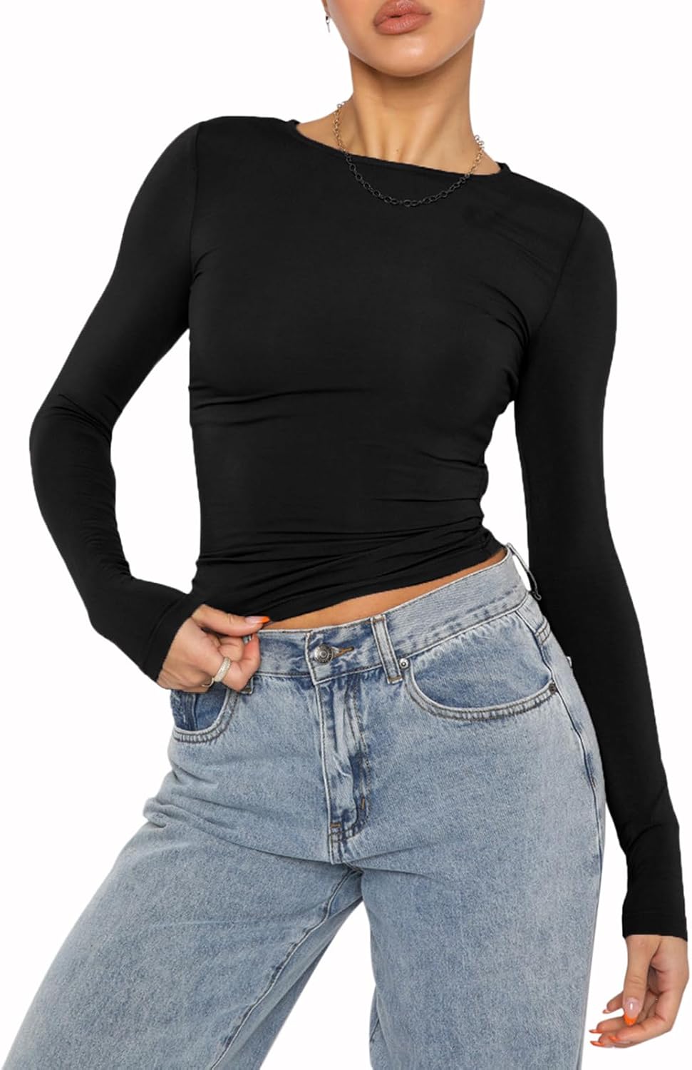 Women's Casual Crop Tops Slim Fit Top Crew Neck Long Sleeve Tight T-Shirt Basic...