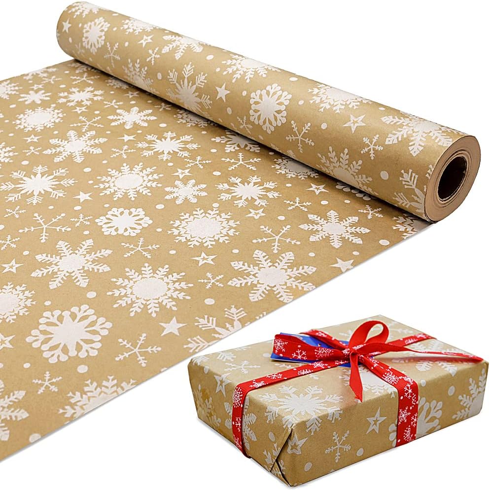15m Roll of Kraft White Snowflake Wrapping Paper Roll,100% Recyclable ECO Gift F...