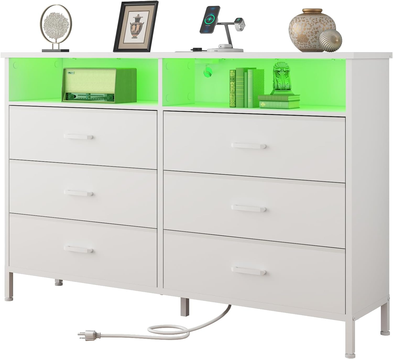 Dresser for bedroom, White Bedroom Dresser with LED Lights and Charging Station,...