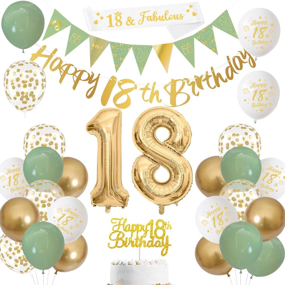 18th Birthday Decorations,Sage Green Gold White 18th Birthday Banners Balloons C...