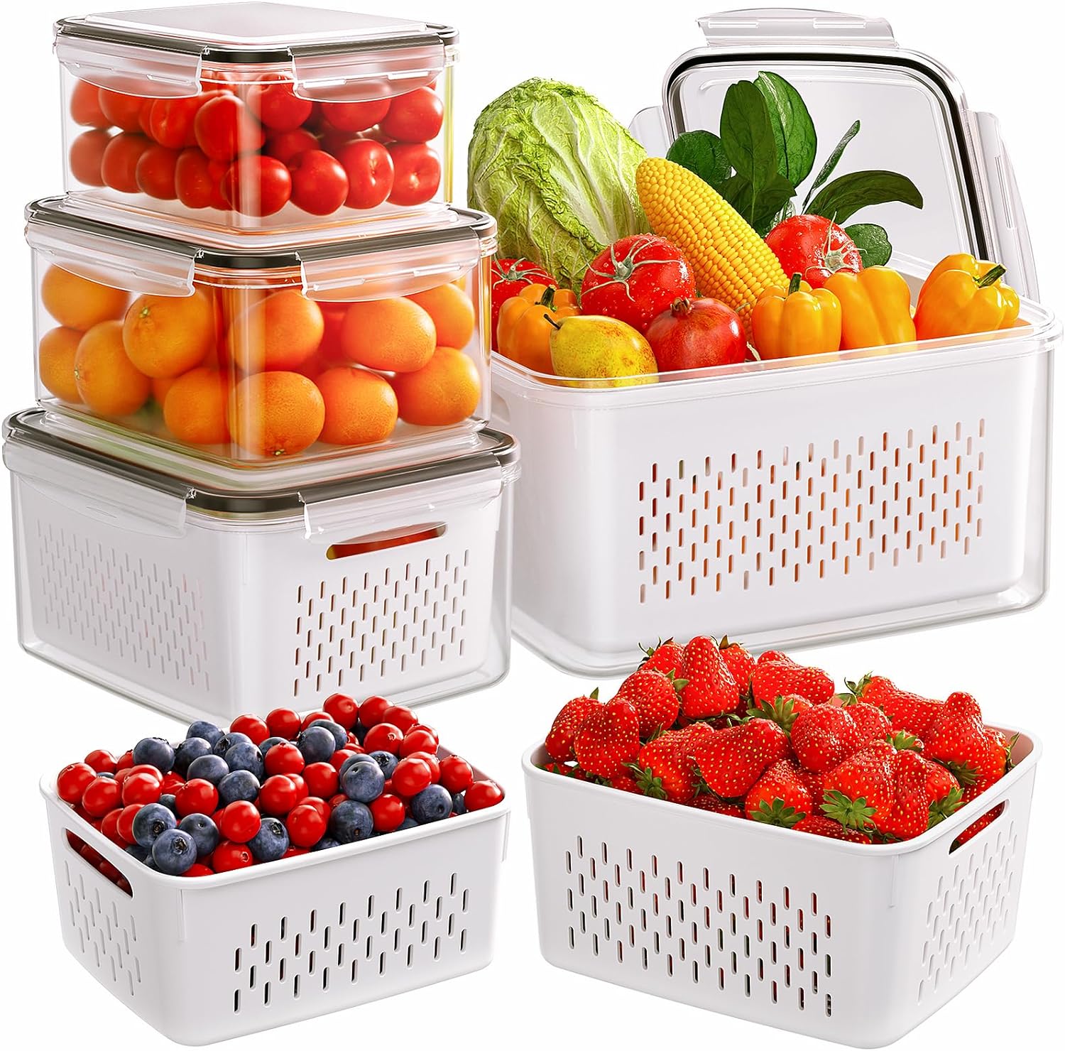 5-Pack Fruit Storage Containers for Fridge with Removable Colanders, 4 in 1 Prod...