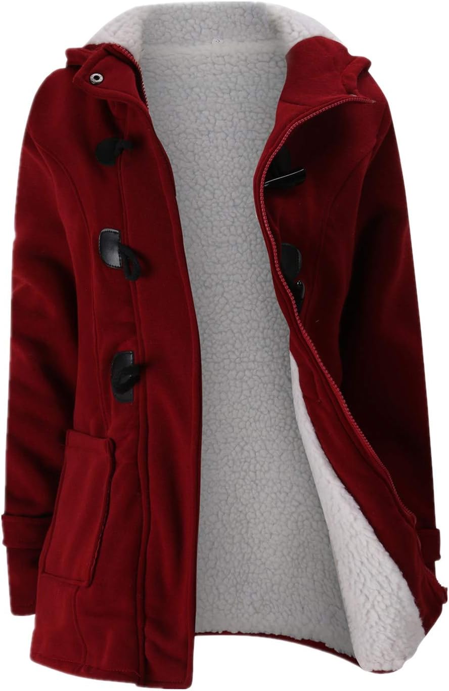 JiangWu Womens Fashion Horn Button Fleece Thicken Coat with Hood Winter Warm Jac...