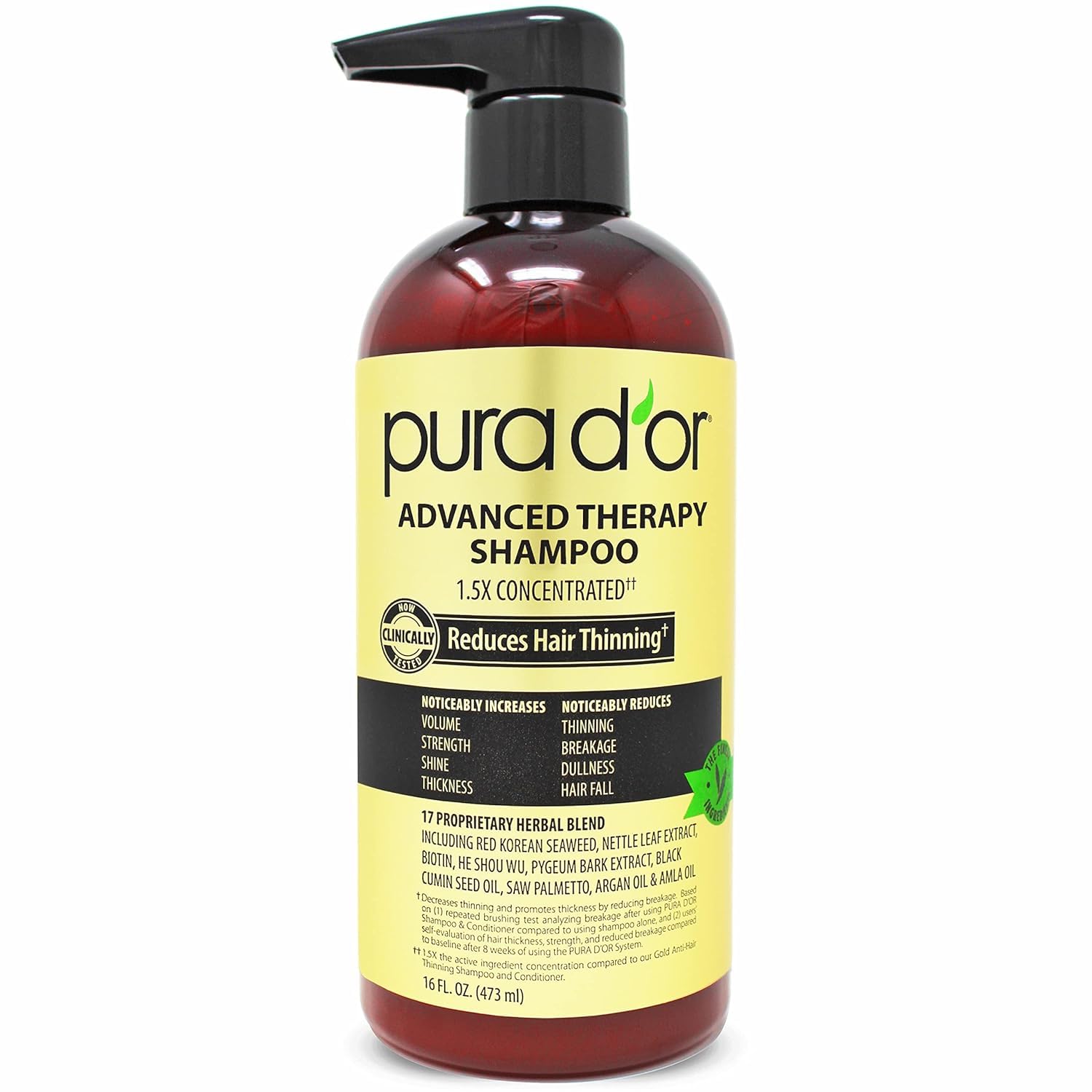 PURA D'OR 16 Oz Advanced Therapy Shampoo Reduces Hair Thinning & Increases Volum...