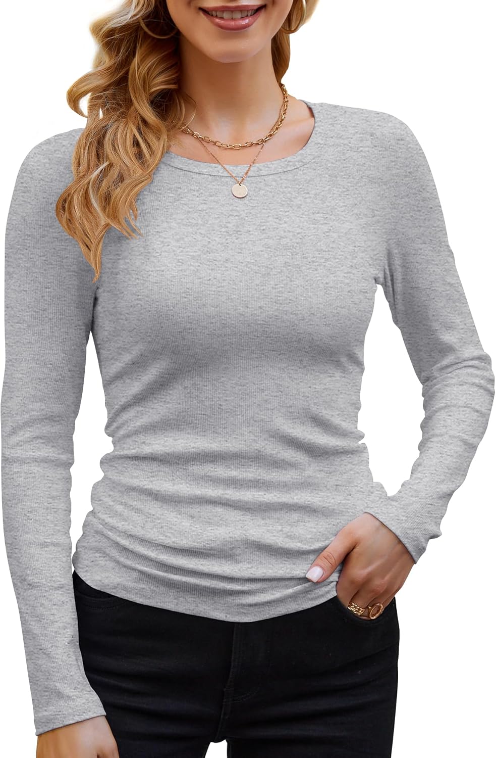 GEMBERA Womens Ribbed Long Sleeve Crewneck Casual Slim Basic Shirts Fitted Knit...