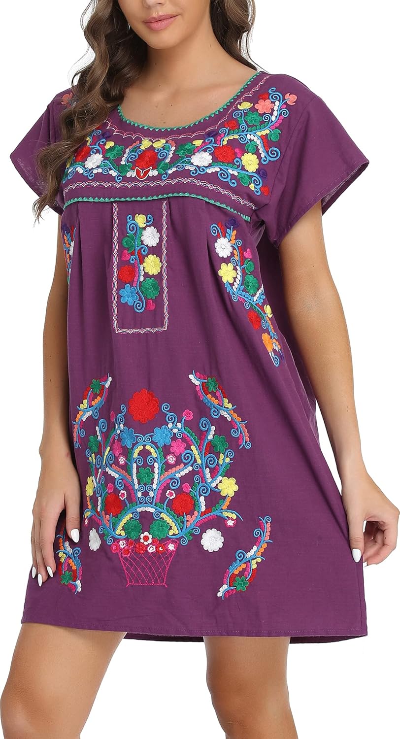 YZXDORWJ Women Mexican Embroidered Dress, Special Short Sleeve Dress for X-Large...
