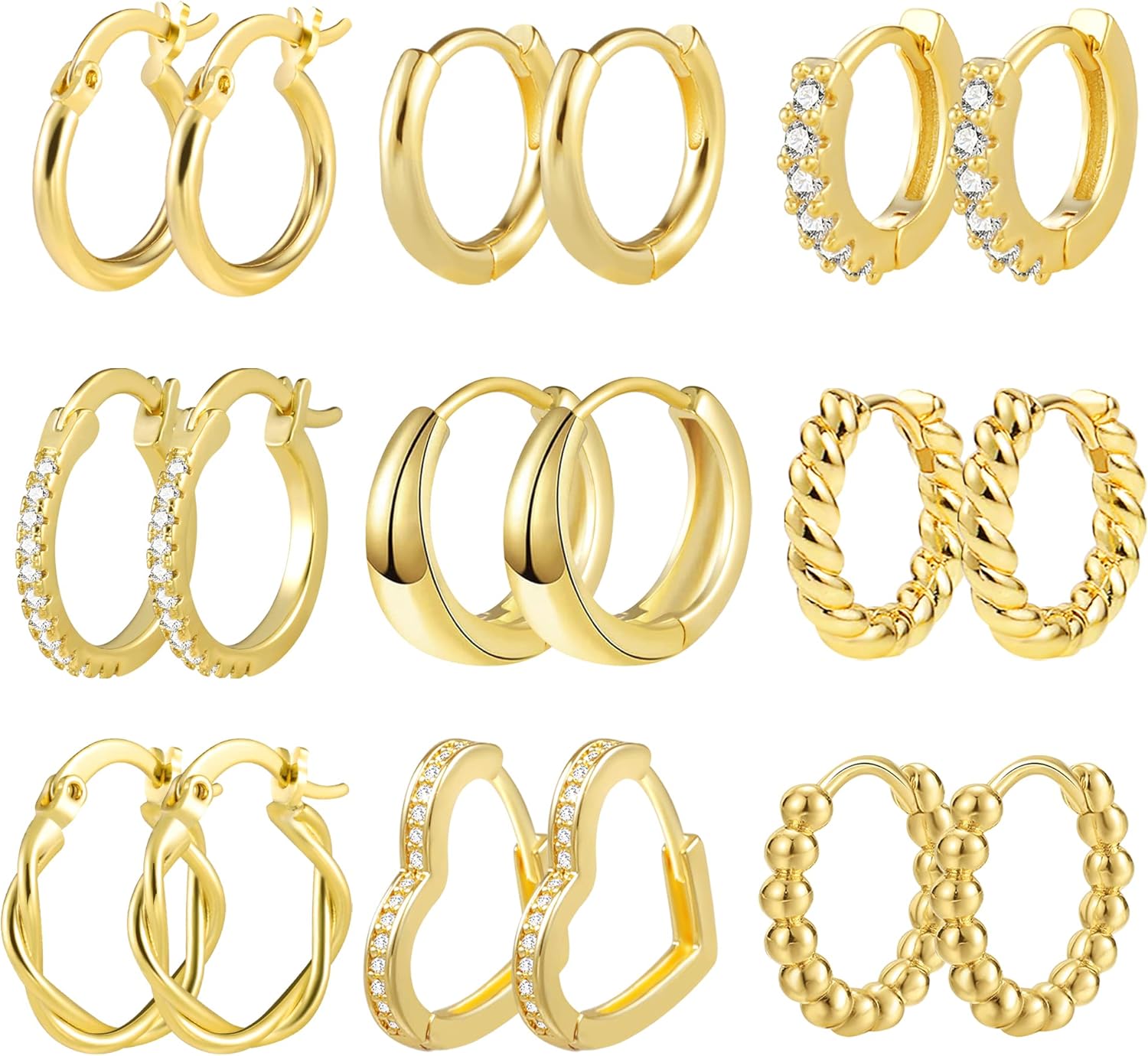 9 Pairs Multipack Small Gold Hoop Earrings Set for Women, 14k Real Gold Plated H...