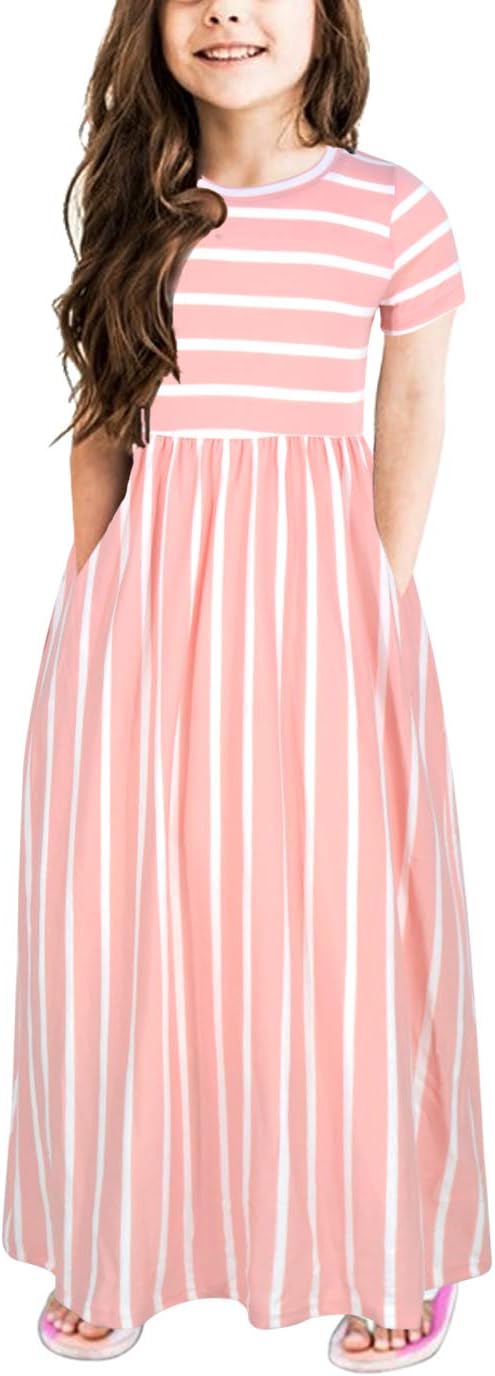 GORLYA Girl's Short Sleeve Floral Print Loose Casual Long Maxi Dress with Pocket...