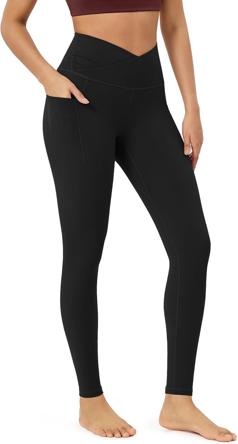 ODODOS Women's Yoga Leggings, Special Gathered Cross Waist Yoga Leggings with Po...