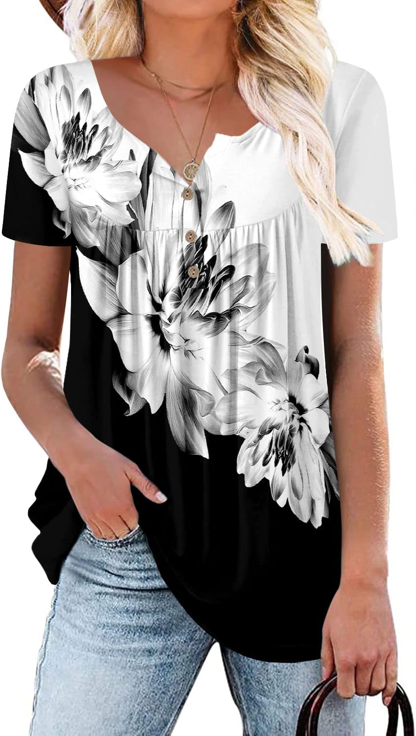 ROSELINLIN Women's Short Sleeve Shirts Floral Summer Tops Loose Fit for Leggings...