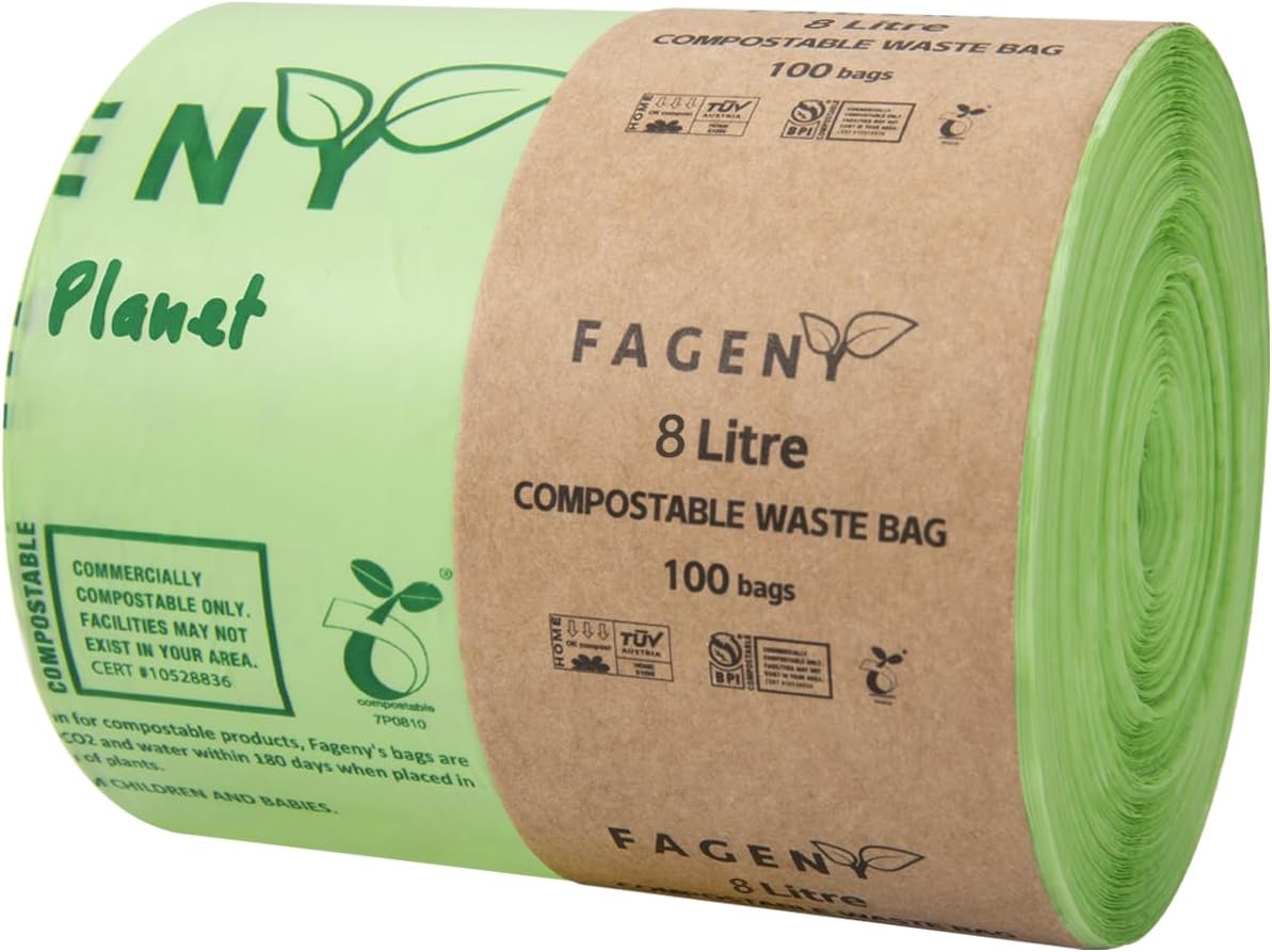 Fageny Flat Top Food Waste Bags 100% Compostable Biodegradable Bin Liners, Eco F...