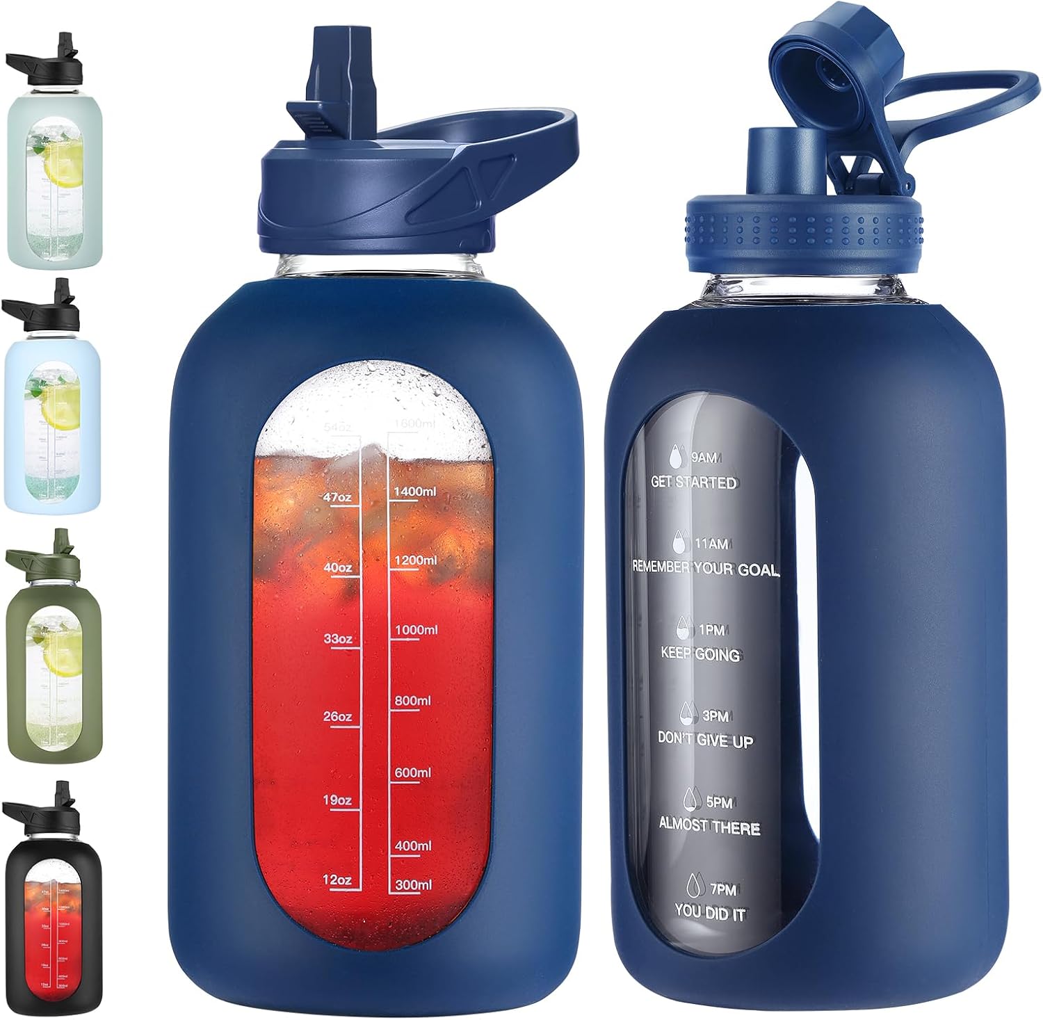 64 oz Glass Water Bottle With Straw and Handle, Half Gallon Sports Motivational...