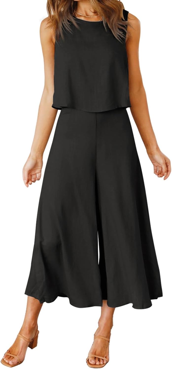 ROYLAMP Women's Summer 2 Piece Outfits Round Neck Crop Basic Top Cropped Wide Le...