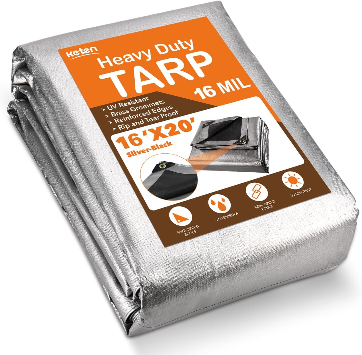 Keten Tarps Heavy Duty Waterproof 16X20 Feet, Extra Thick 16 Mil, Tear & Fade Re...