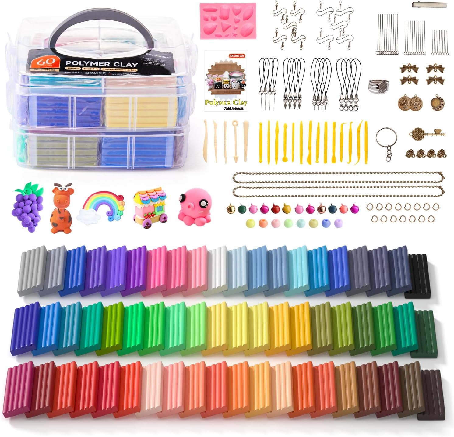 Shuttle Art Polymer Clay, 60 Colours Oven Bake Modeling Clay Kit with 19 Sculpti...
