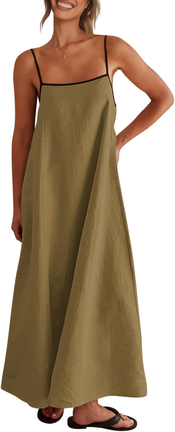 Shy Velvet Women's 2024 Summer Linen Maxi Dress Contrast Spaghetti Strap Dress B...