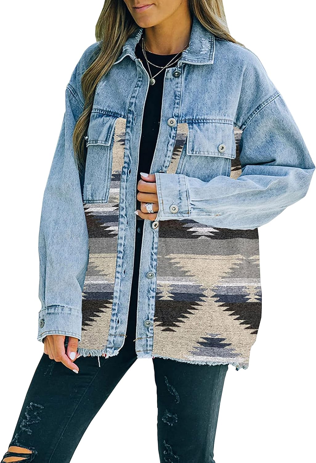 Lumister Women’s Aztec Denim Jacket, Unique Distressed Lapel Jacket with Long Sl...