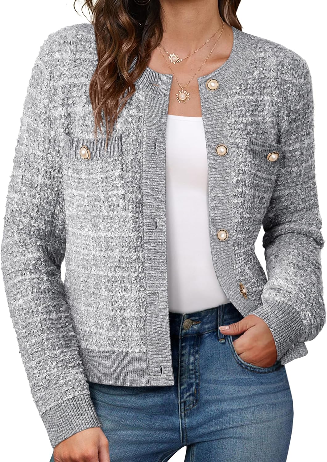 GRACE KARIN Womens Open Front Button Down Long Sleeve Texture Knit Cardigan Swea...