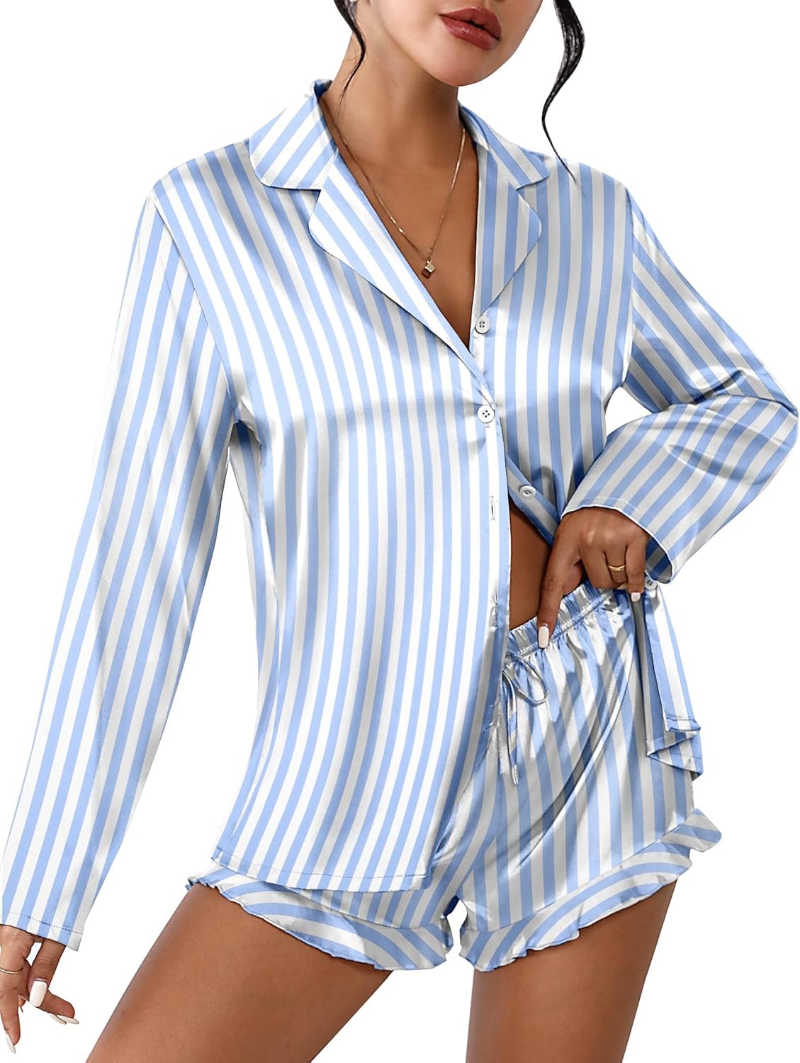Ekouaer Satin Pajama Set, Special Women's Long Sleeve Top and Shorts Lounge Set,...