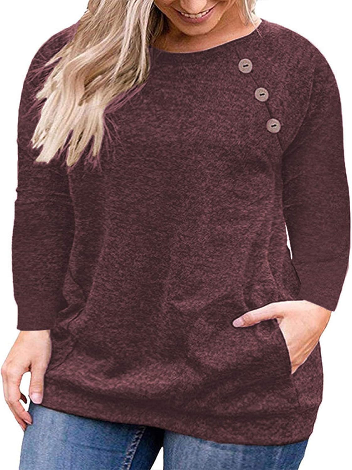 VISLILY Women's Plus Size Tops Long Sleeve Buttons Casual Shirt with Pockets 11_...