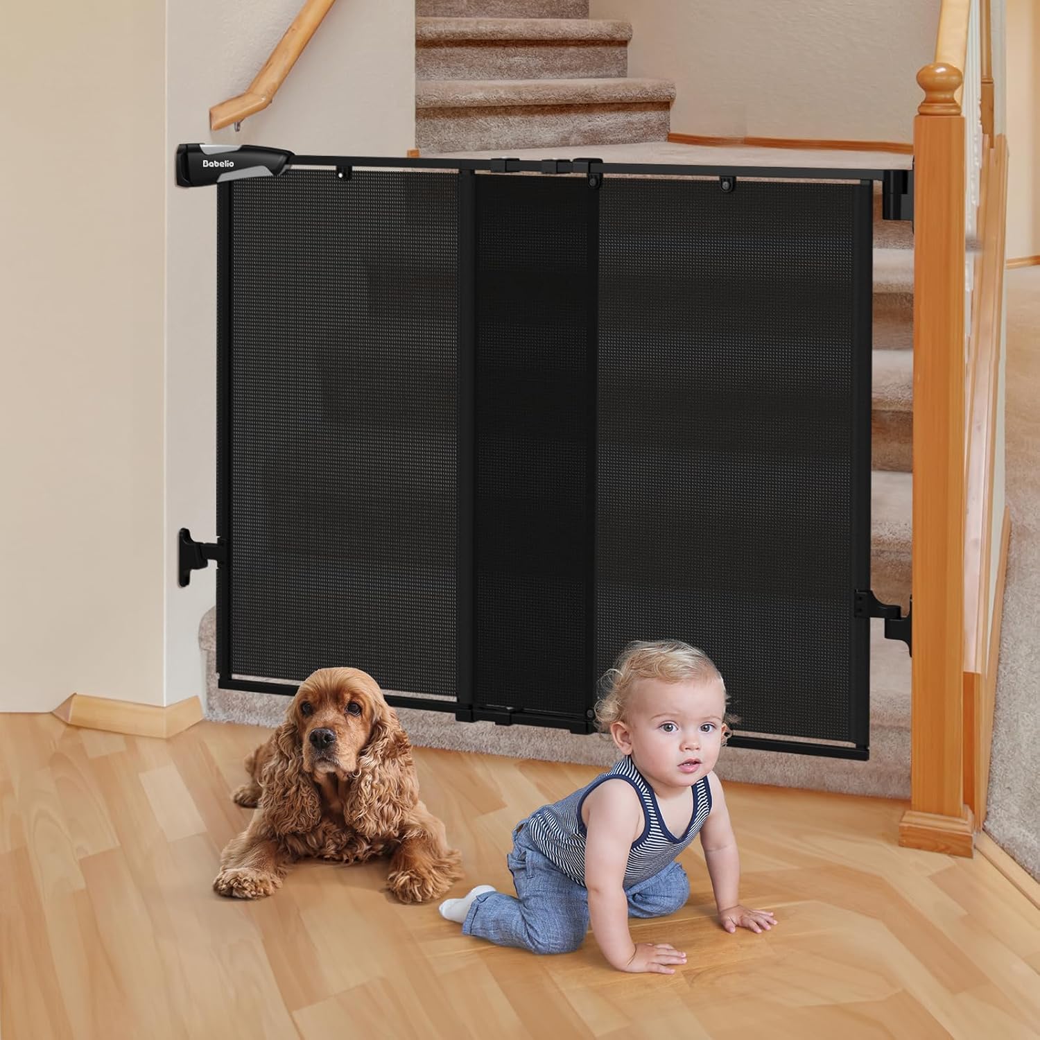 Babelio 26-43" No Bottom Bar Baby Gate for Babies, Elders and Pets, Mesh Gate wi...