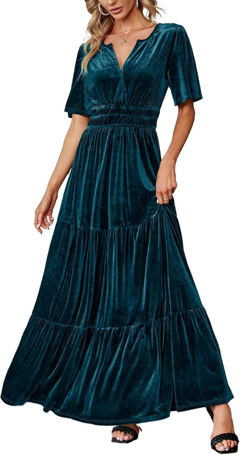 Amegoya Women's Velvet Short Sleeve V Neck Formal Wedding Guest Maxi Dresses Fal...