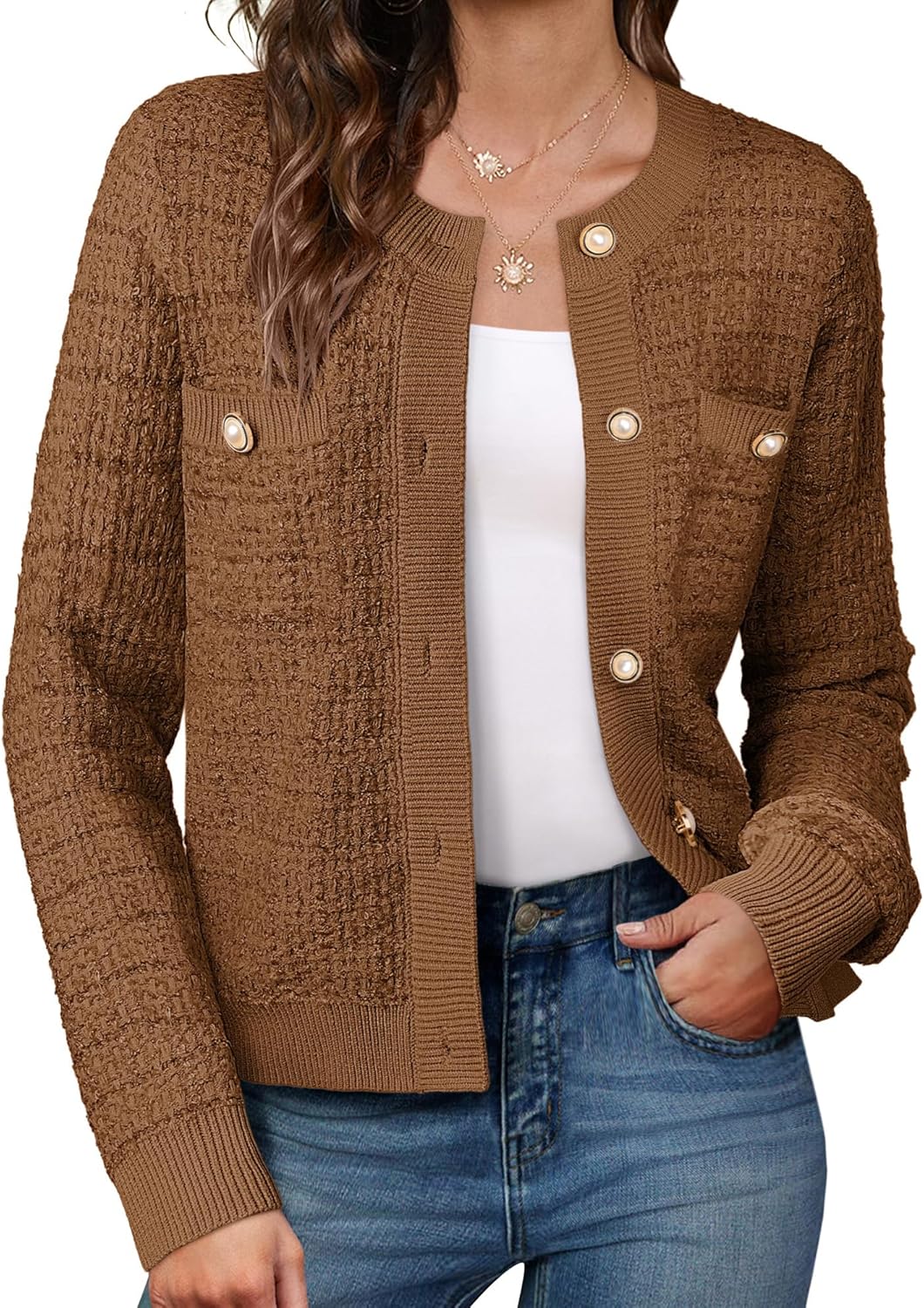 GRACE KARIN Womens Open Front Button Down Long Sleeve Texture Knit Cardigan Swea...