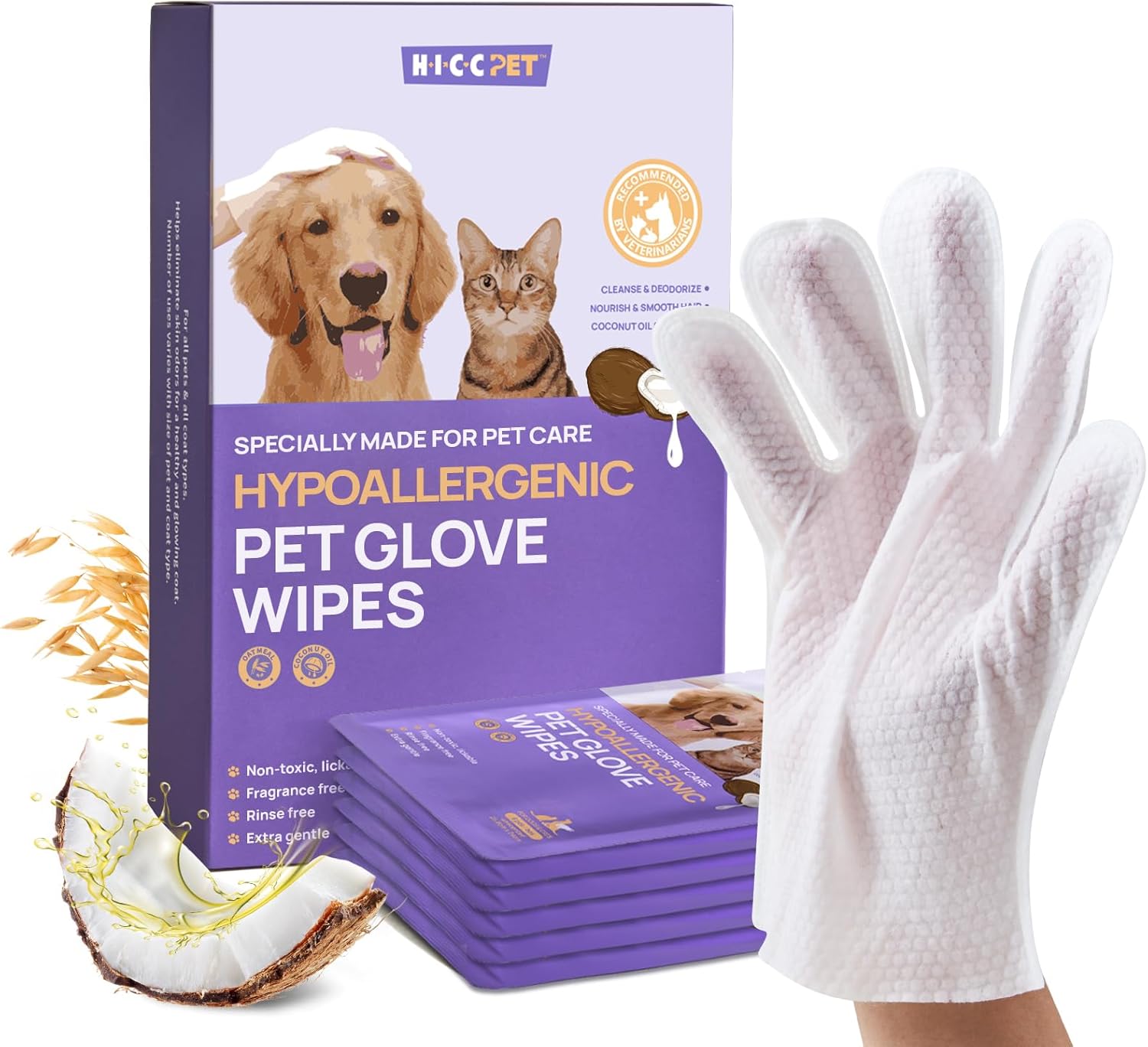HICC PET Cleaning & Deodorizing Bathing Wipes for Dogs and Cats, Nourish Fur Coc...