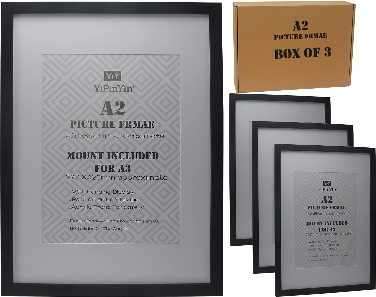 Black A2(42x59.4cm) Poster Frame with A3 Mount Set of 3,Black A3 Photo Frames Wi...