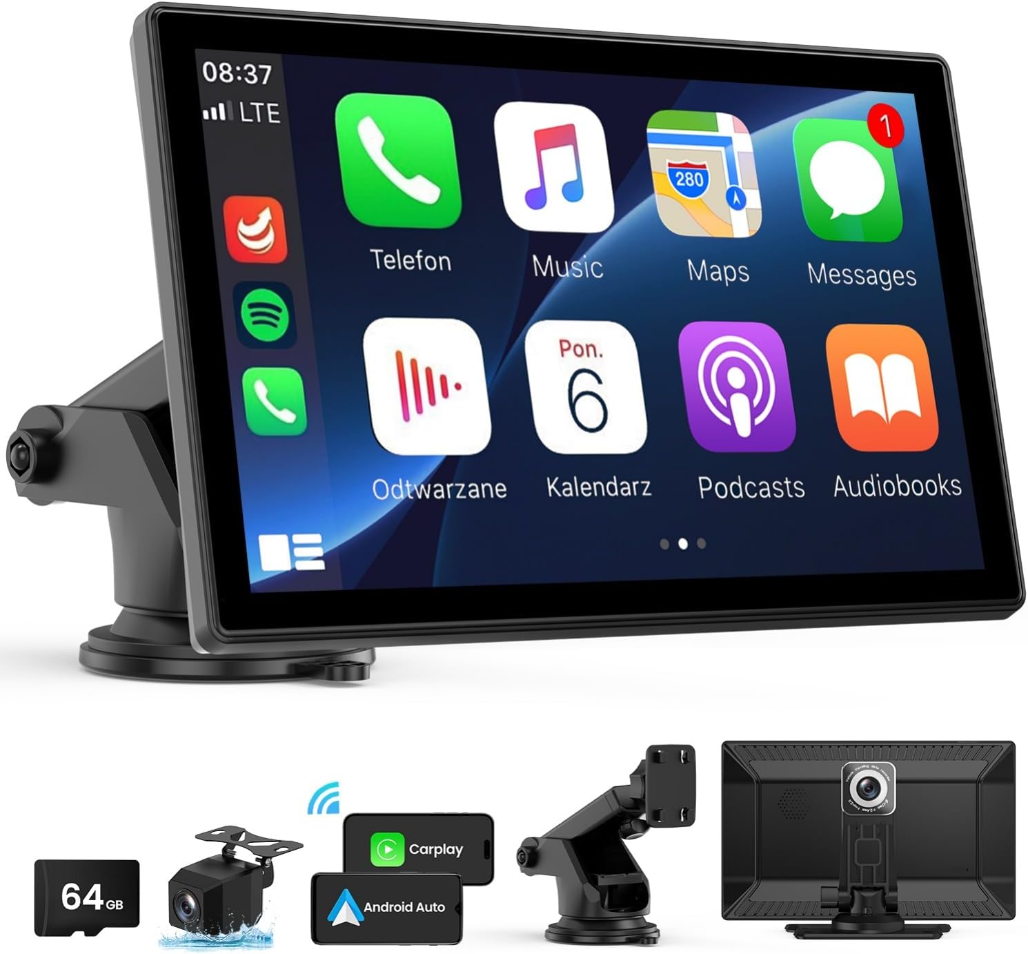 Wireless Carplay Screen for Car - 9'' Portable Car Stereo with 4K Dash Cam, 1080...