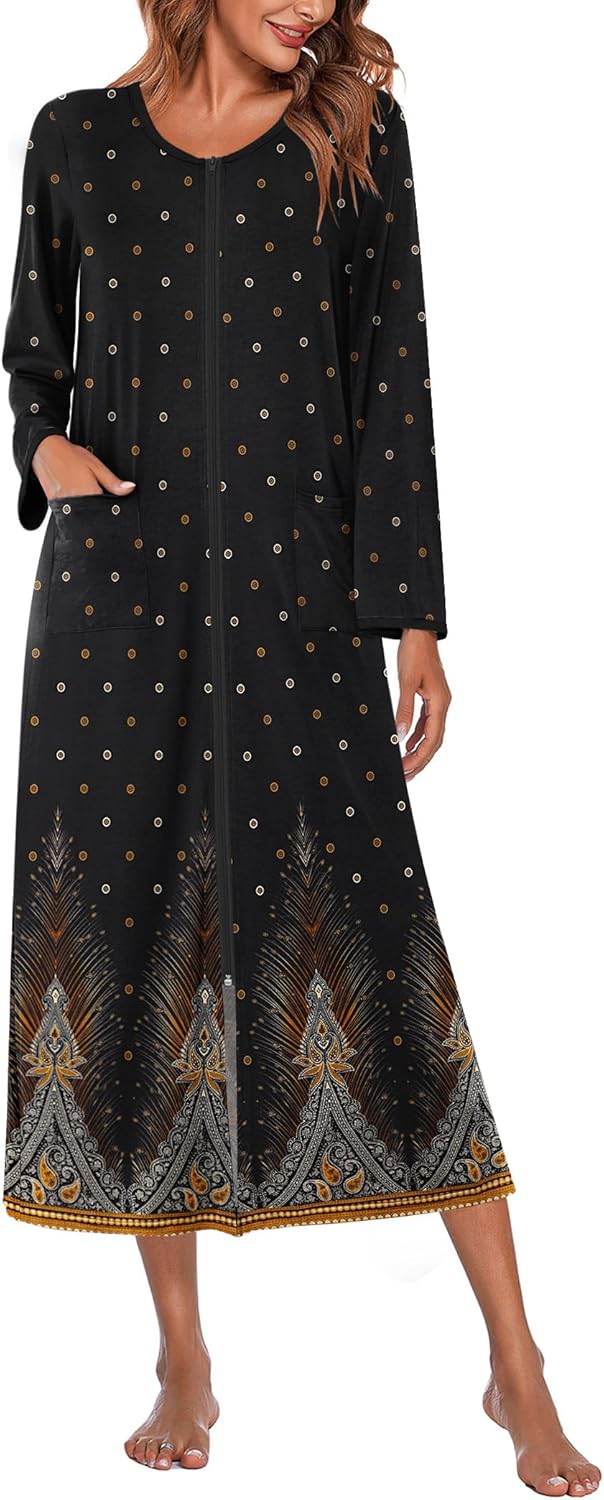 Ekouaer Women Long House Coat, Special Nightgown with Zipper Front, Innovative F...