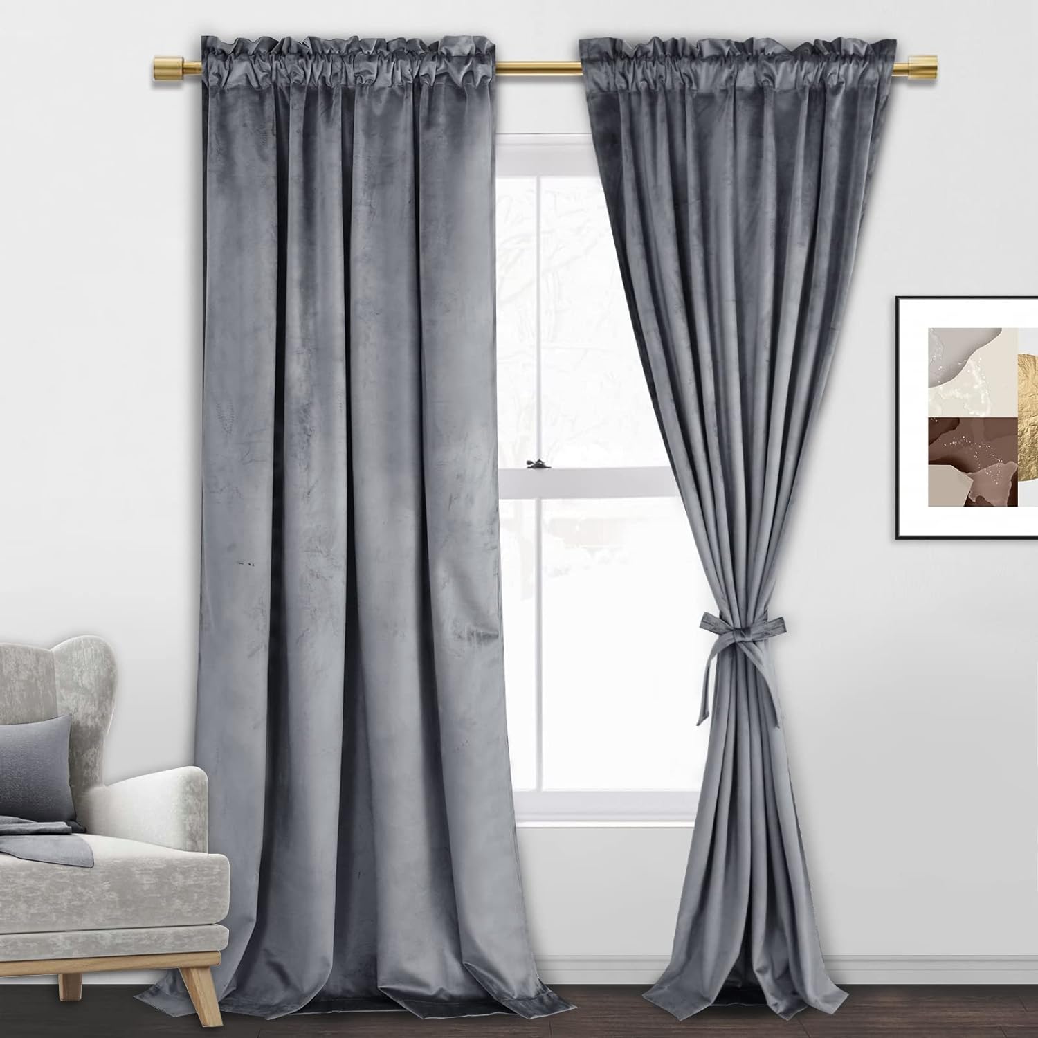 JIUZHEN Grey Velvet Curtains 96 inches for Living Room - Super Soft Home Deco Bl...